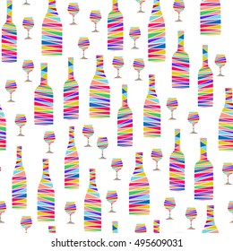 Winery seamless pattern with mosaic stylish bottles and wineglasses. Decorative conceptual vector design for wine tasting festival, bar menu, party, alcohol drinks, etc. Isolated on white background.