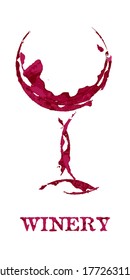 Winery and shape of wineglass graphic design on white background. Red abstract imprint, watercolor stain, grunge texture. Vector template illustration of winery business, restaurant, event invitation