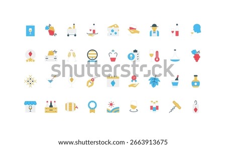 Winery themed flat icons featuring wine, grapes, bottles, glasses, cheese, awards, and vineyard elements for wine culture, tasting, and production isolated vector illustration