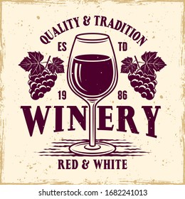 Winery vector colored emblem, label, badge or logo in vintage style with wineglass and grapes