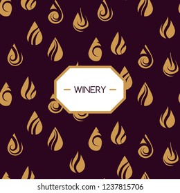 Winery vector drops seamless pattern for wine label design. Gold droplets on purple background template design.