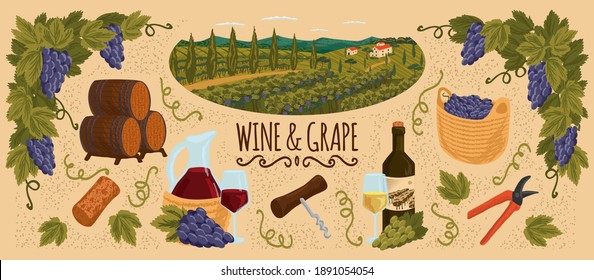 Winery vector set with vineyard landscape,bottle and glass of red and white wine, corkscrew, cork, grapes and wooden barrel. Hand drawn illustration, banner, poster