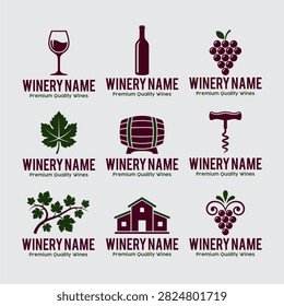Winery and vineyard logo templates set with vineyard corkscrew branding template beverage	
