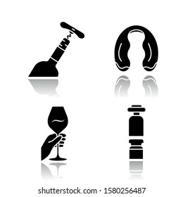 Winery and wine service drop shadow black glyph icons set. Hand holding glass of cocktail. Bottle with corkscrew. Decanter, foil cutter. Barman, restaurant tool. Isolated vector illustrations