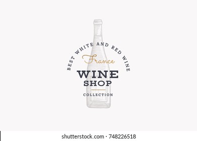Wines of France. Vector logo of wine store with bottle of champagne on white background. Engraved style.