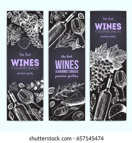 Wines and gourmet snacks banner collection. Gourmet food set vector illustration. Local wines and gourmet snacks shop design template.
