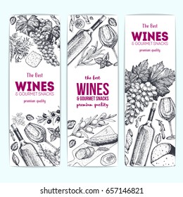 Wines and gourmet snacks banner collection. Gourmet food set vector illustration. Local wines and gourmet snacks shop design template.