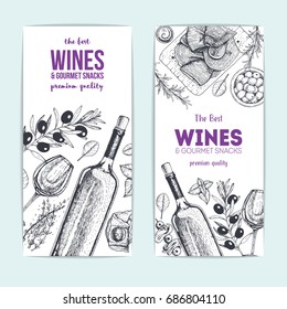 Wines and gourmet snacks banner collection. Gourmet food set vector illustration. Local wines and gourmet snacks shop design template, flyers set.