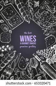 Wines and gourmet snacks frame vector illustration. Cheese, sausages, bread, grape hand drawn. Gourmet food set