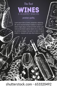 Wines and gourmet snacks frame vector illustration. Cheese, sausages, bread, grape hand drawn. Gourmet food set