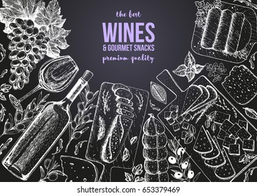 Wines and gourmet snacks frame vector illustration. Cheese, sausages, bread, grape hand drawn. Gourmet food set