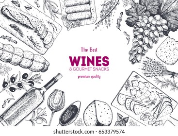 Wines and gourmet snacks frame vector illustration. Cheese, sausages, bread, grape hand drawn. Gourmet food set