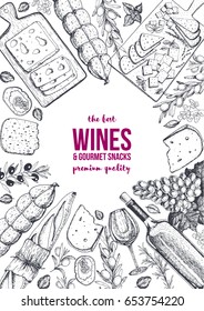Wines and gourmet snacks frame vector illustration. Cheese, sausages, bread, grape hand drawn. Gourmet food set.
