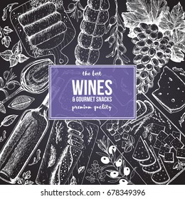 Wines and gourmet snacks frame vector illustration. Cheese, sausages, bread, grape hand drawn. Gourmet food set