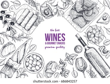 Wines and gourmet snacks frame vector illustration. Snacks for wine hand drawn. Gourmet food set
