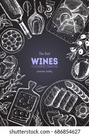 Wines and gourmet snacks frame vector illustration. Snacks for wine hand drawn. Gourmet food set
