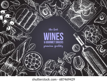 Wines and gourmet snacks frame vector illustration. Snacks for wine hand drawn. Gourmet food set