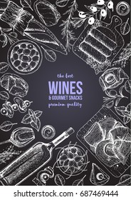 Wines and gourmet snacks frame vector illustration. Snacks for wine hand drawn. Gourmet food set