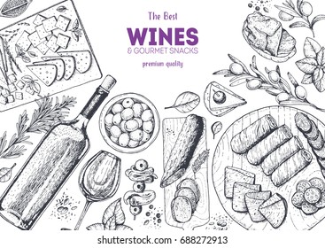 Wines And Gourmet Snacks Frame Vector Illustration. Snacks For Wine Hand Drawn. Gourmet Food Set