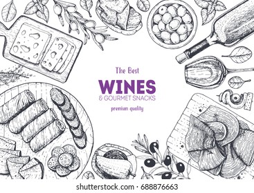 Wines and gourmet snacks frame vector illustration. Snacks for wine hand drawn. Gourmet food set