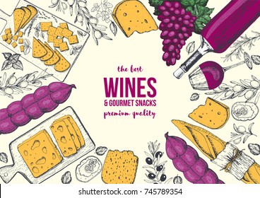Wines and gourmet snacks frame vector illustration. Cheese, sausages, bread, grape hand drawn. Gourmet food set. Colored design template.