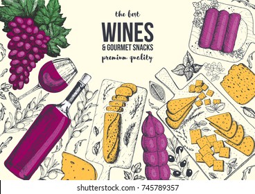 Wines and gourmet snacks frame vector illustration. Cheese, sausages, bread, grape hand drawn. Gourmet food set. Colored design template.