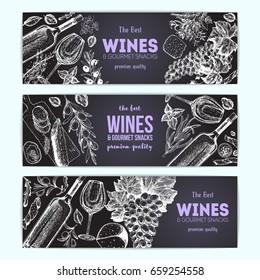 Wines and gourmet snacks horizontal banner collection. Gourmet food set vector illustration. Local wines and gourmet snacks shop design template.