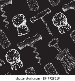 Wine's seamless pattern on black background . Corks and corkscrews. Concept for print, web design, cards, textile