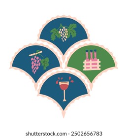 Wine-themed scallop stickers featuring grapes, wineglass and bottles into box isolated on white background. Vector hand drawn illustration