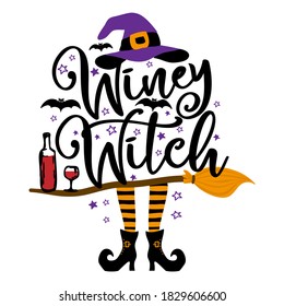 Winey Witch - Halloween quote on white background with broom, bats and witch hat. Good for t-shirt, mug, scrap booking, gift, printing press. Holiday quotes. Witch's hat, broomstick.