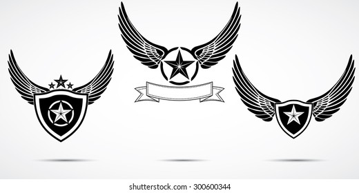 Wing abstract emblem set, logo template, badge label, icon, tattoo design.