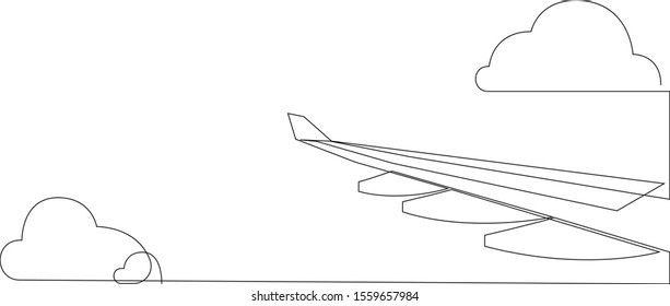 Wing of airplane and clouds. One line flying airplane illustration. Minimal style plane wing isolated on white background. Travel and tourism. Vector illustration