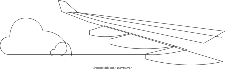 Wing of airplane and clouds. One line flying airplane illustration. Minimal style plane wing isolated on white background. Travel and tourism. Vector illustration