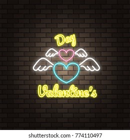 Wing Angel Neon Happy Valentine's Day Banner. Valentine Lamp Romance Heart Shape. Colored Vector Light Glow Poster. Nightclub Bulb Dark Brick Wall Label Card Design. Holiday Greeting. Love Background.