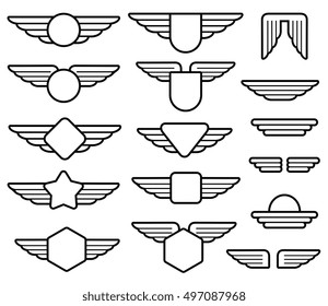 Wing army emblems, aviation badges, pilot labels line vector set. Shield with wings insignia illustration