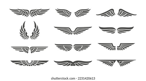 Wing badges. Eagle wings set, retro insignias, winged signs for aviation business emblems tattoos labels