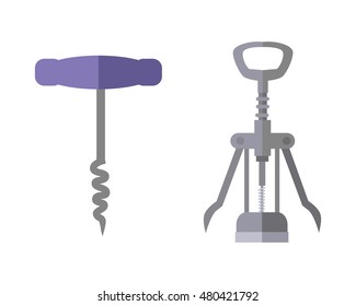 Wing and basic corkscrew in flat. Corkscrew icon. Corkscrew for opening bottles with cork. Metal modern corkscrew. Isolated object in flat design on white background. Vector illustration.