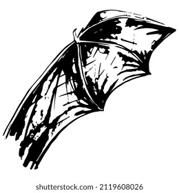 Wing of a bat. Hand drawn rough sketch. Black and white ink silhouette. Isolated vector illustration.