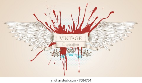 Ala con sangre y marco retro para el diseño.Patrón floral.
