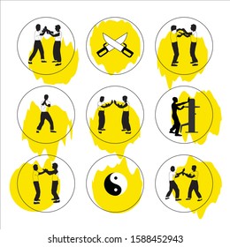 Wing Chun Kung Fu system icon set. collection of 9 outline martial arts icons with men are engaged fighting skills, wing chun, butterfly knives, yin yang icons