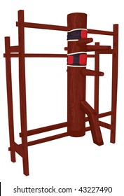 Wing Chun / Tsun wooden dummy training equipment. Front frame section, main body, arms/leg, back frame and punching targets are all on separate layers. Easily remove punching targets if wanted