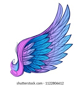 Wing with colorful feathers. Vector illustration isolated on white background.