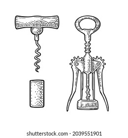 Wing corkscrew, basic corkscrew and cork. Black vintage engraved vector illustration isolated on white background. For label, poster and web.