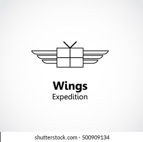 Wing delivery of box expedition abstract vector and logo design or template cargo transport business icon of company identity symbol concept