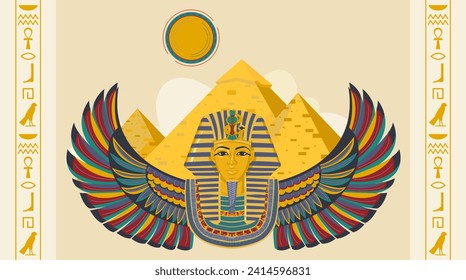 Wing Egoypt Banner, Kunstsymbol, dekorative Ornamente, alte Kultur, egyptisches Muster, Design, Cartoon Stil Vektorgrafik. Ethnischer Hintergrund, africa peremida, pharaoh Geschichte, touristisches Konzept.