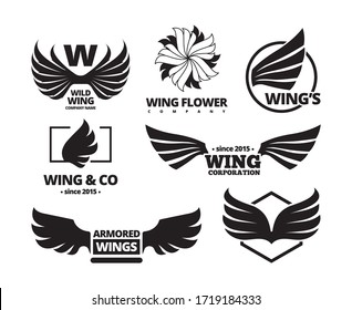 Wing emblem set. A winged black is a force for an eagle, a falcon with insignia of companies, army flight units, a stylized flower of feathers, a logo of freedom, speed. Vector graphics.