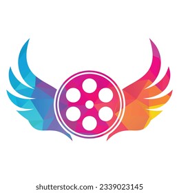 Wing film logo template design vector icon illustration. Film reel roll logo design vector icon.