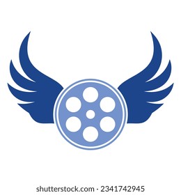 Wing film logo template design vector icon illustration. Film reel roll logo design vector icon.