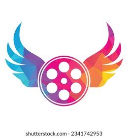 Wing film logo template design vector icon illustration. Film reel roll logo design vector icon.