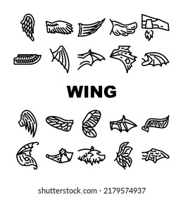 Wing Fly Animal, Bird And Insect Icons Set Vector. Butterfly And Cupid, Angel And Elf, Dragon And Gargoyle Or Vampire Wing. Flying Iron And Techno Accessory For Flying Black Contour Illustrations